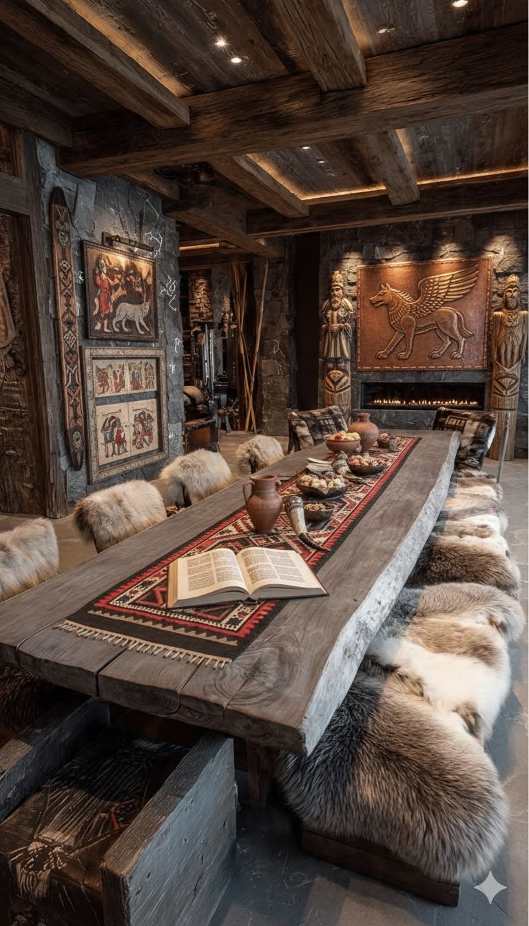 Timber and stone gathering room with a long table, patterned textiles and fur-covered seating