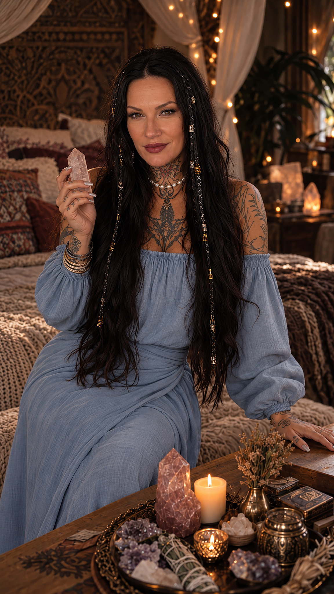 Oriah in her sacred sanctuary with a crystal