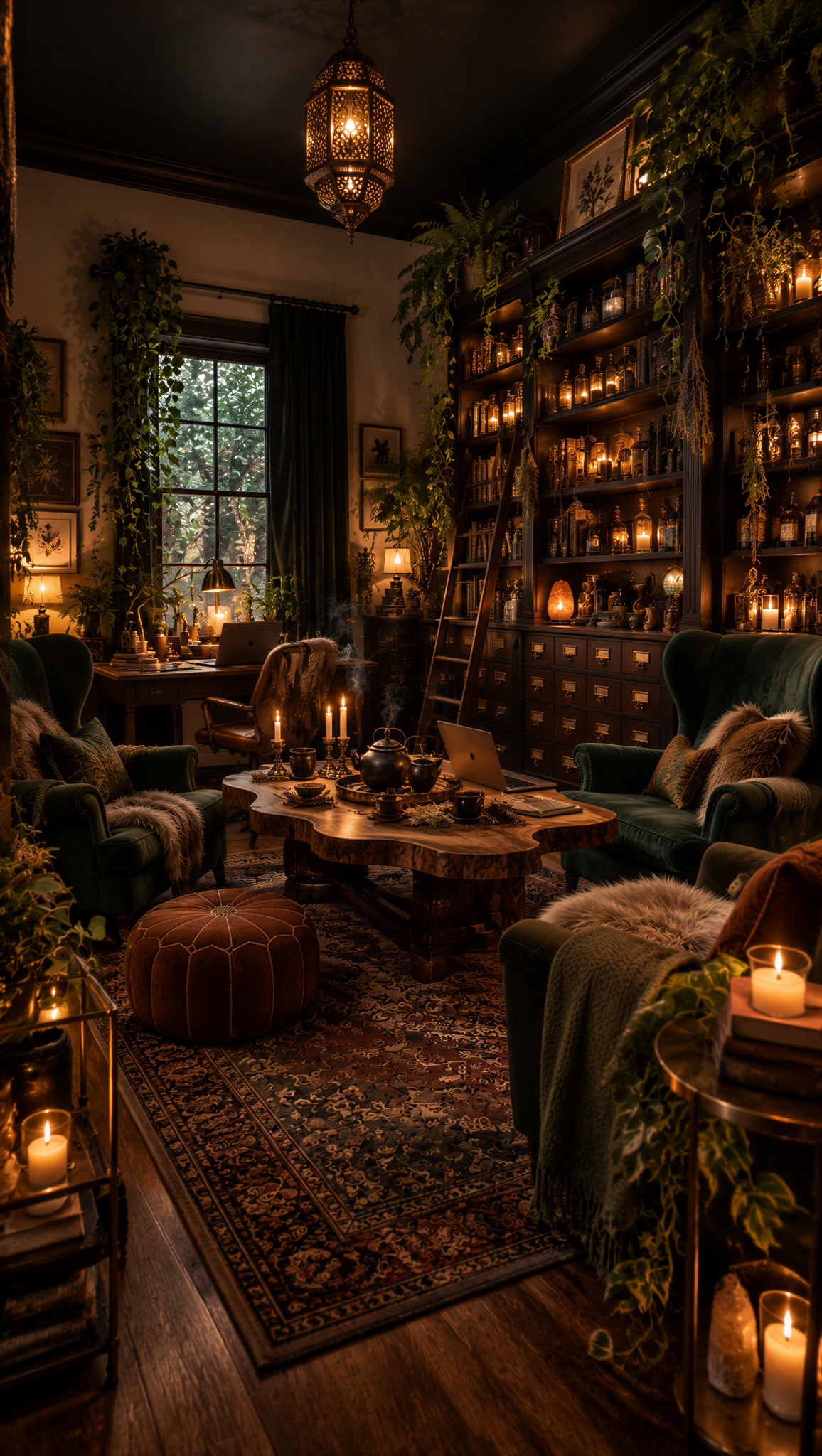 After: a dark sanctuary with moss tones, velvet seating and warm amber candlelight