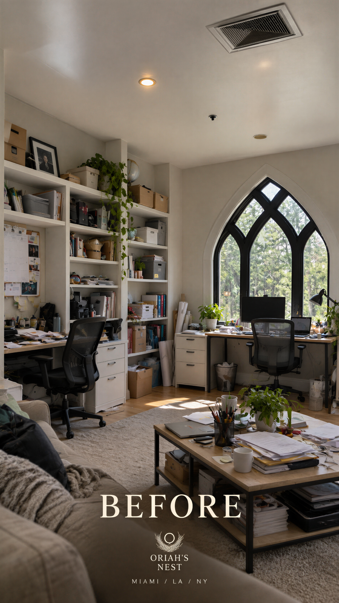 Before: a cluttered office with white walls, scattered papers and harsh light