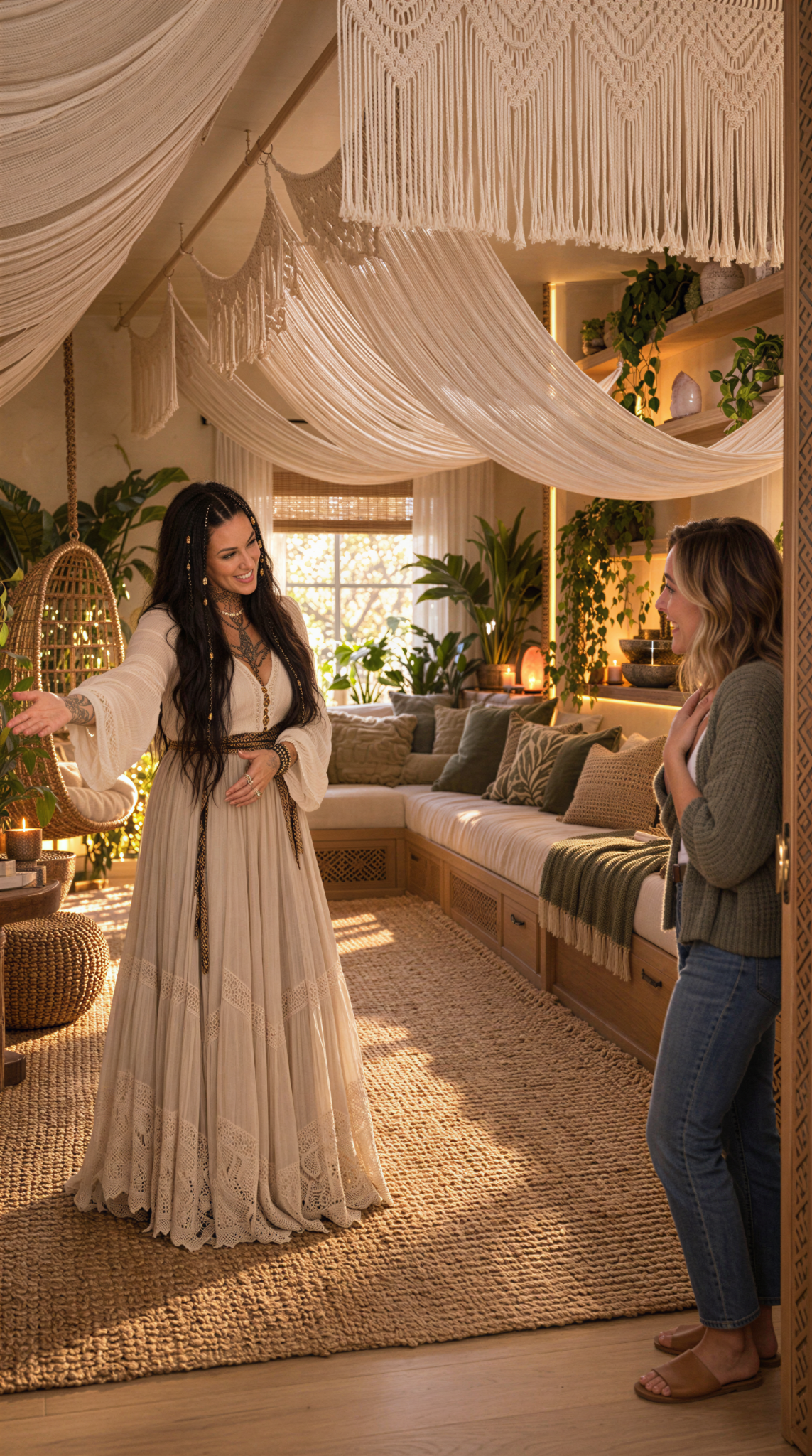 The supplied bohemian reveal scene with Oriah in white, a client in a grey cardigan, cream drapery and soft woven textures