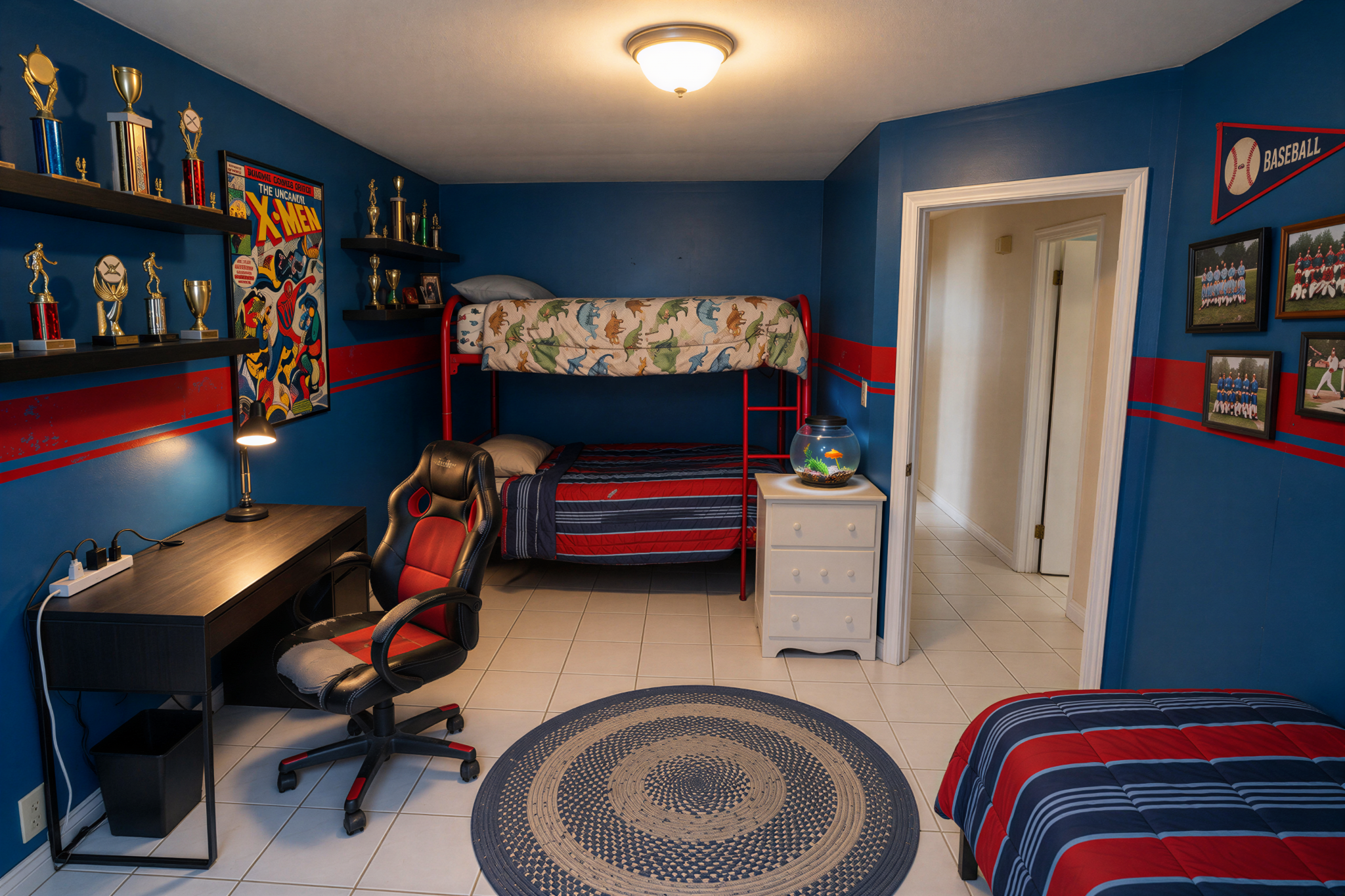 Supplied before design reference: blue bedroom, red bunk bed, trophies, desk and gaming chair