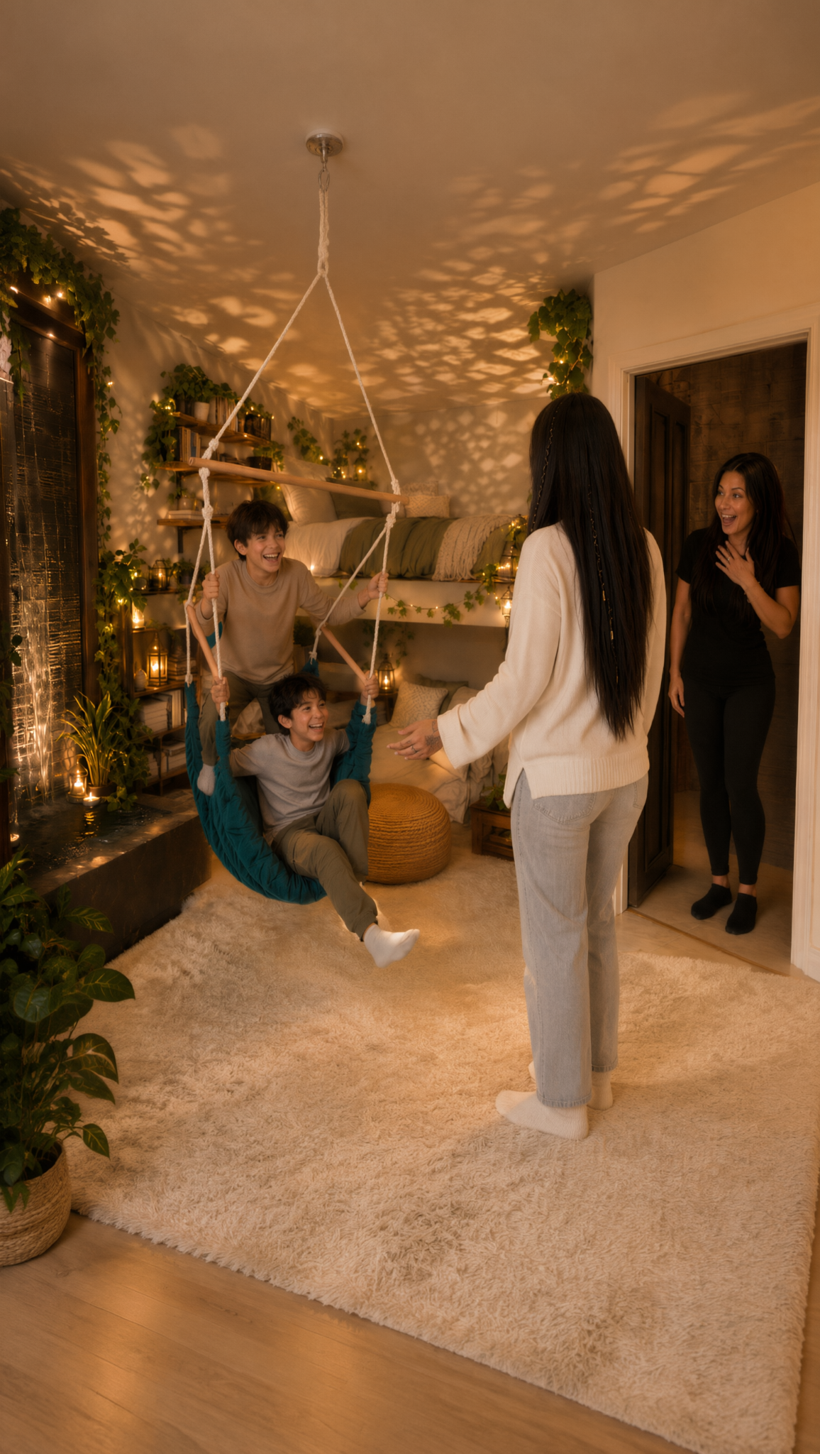 Supplied sanctuary reveal design reference: children with a hanging chair, soft textures, warm light and greenery