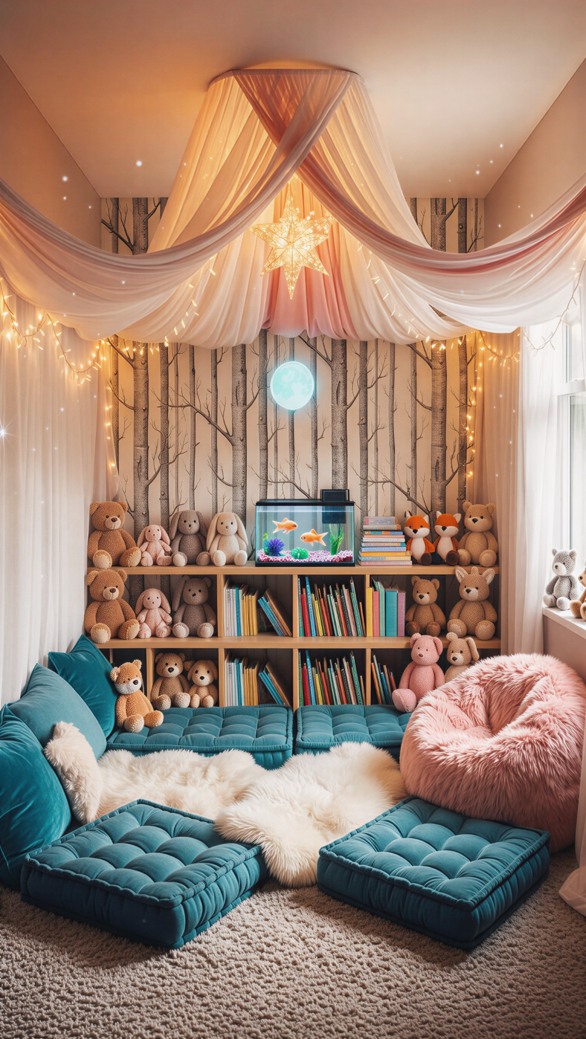 Supplied fairy-inspired children’s design example with teal floor seating, blush drapery, books and soft toys