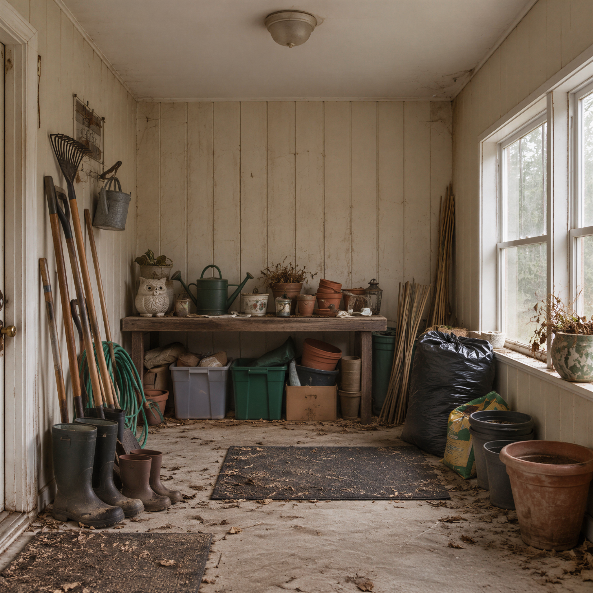 Supplied before reference: a storage room with garden tools, pots and a workbench