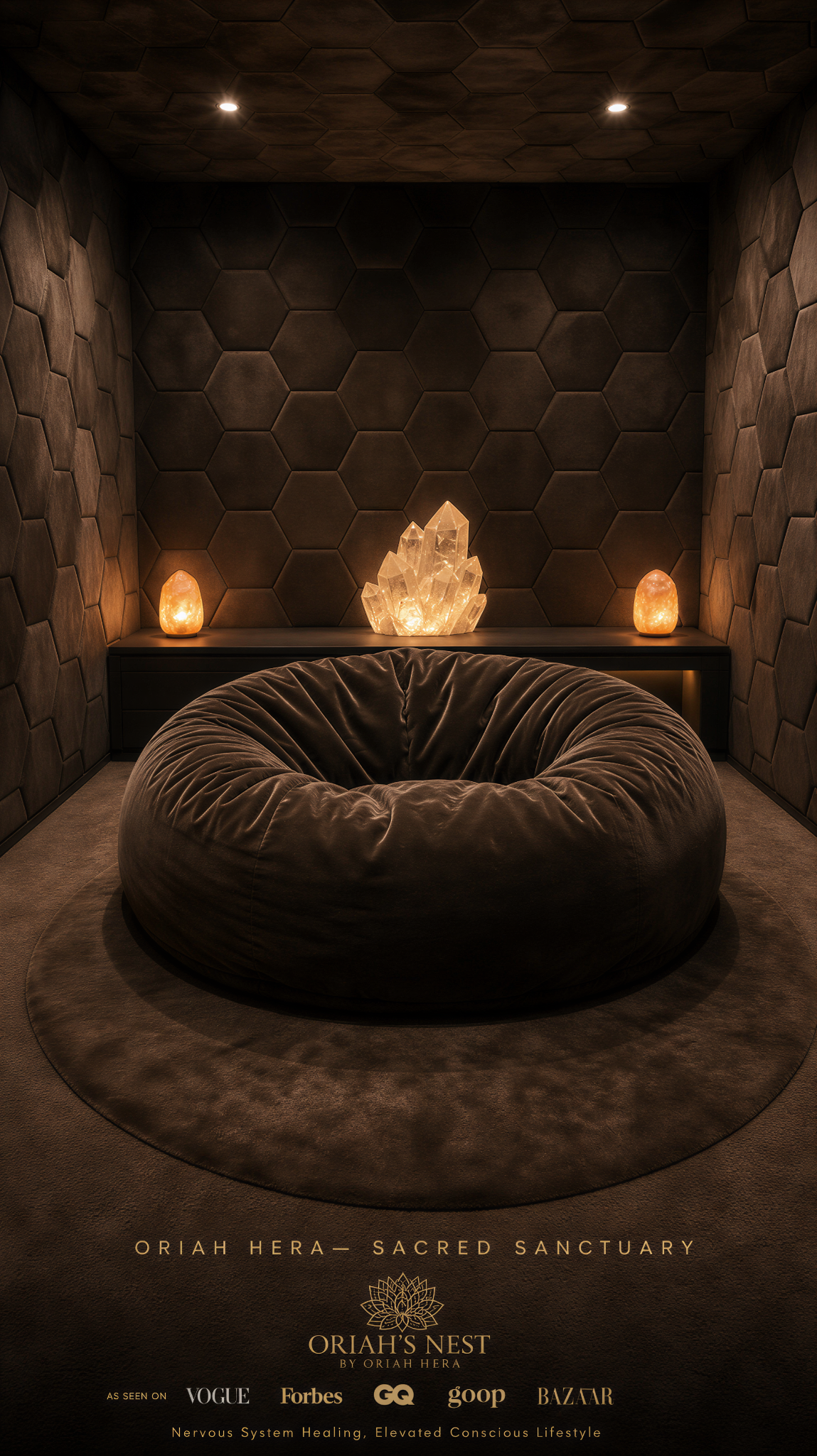 The exact taupe velvet sanctuary reference with honeycomb acoustic wall and ceiling panels, a matching plush lounger, a crystal light and two salt lamps