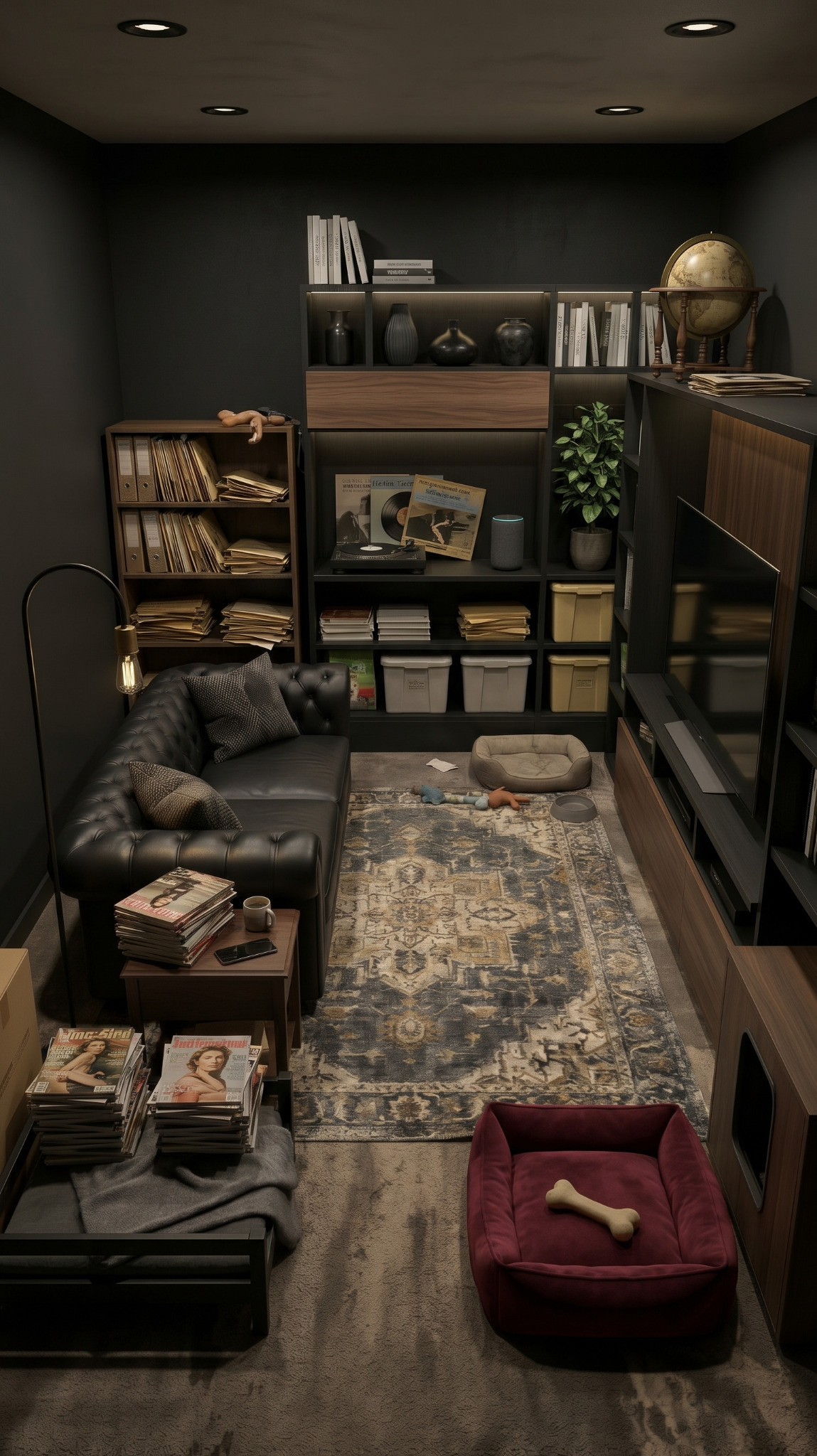 A dark den with a leather sofa, stored records and shelving