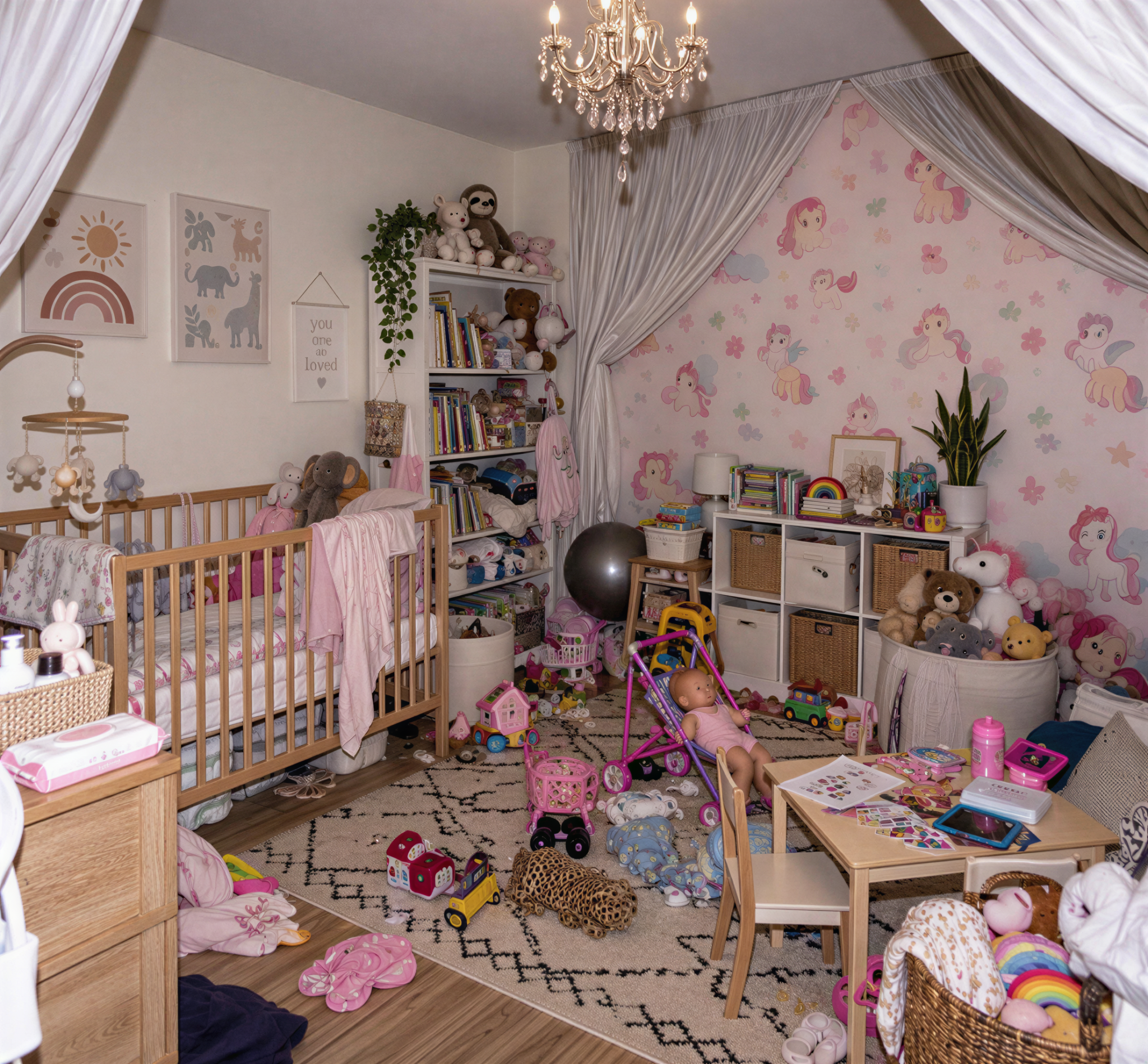 Supplied nursery before image: crib, pink wallpaper, toy shelving and scattered play materials