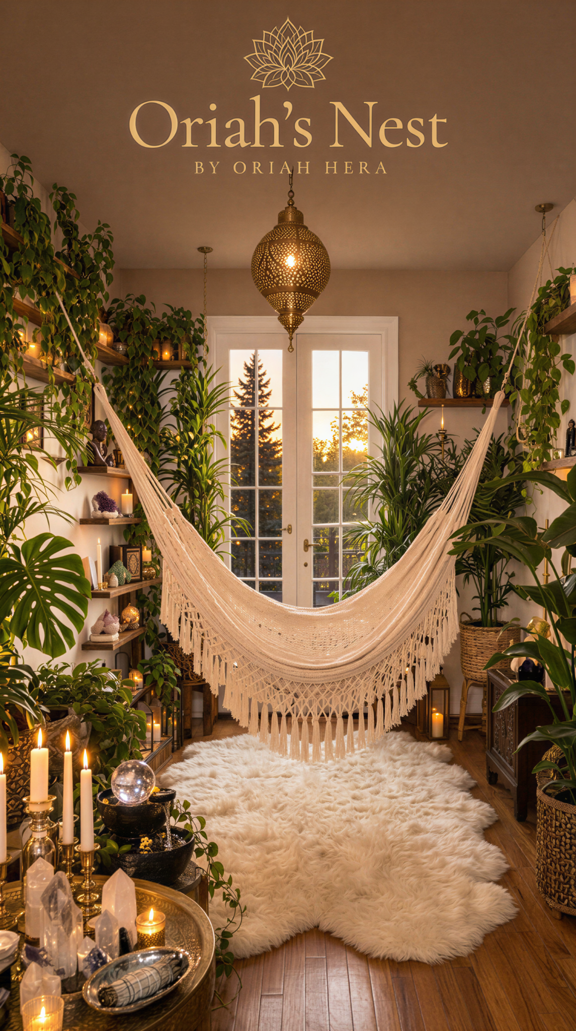 The supplied plant sanctuary with a cream hammock, brass pendant, shelves and warm light