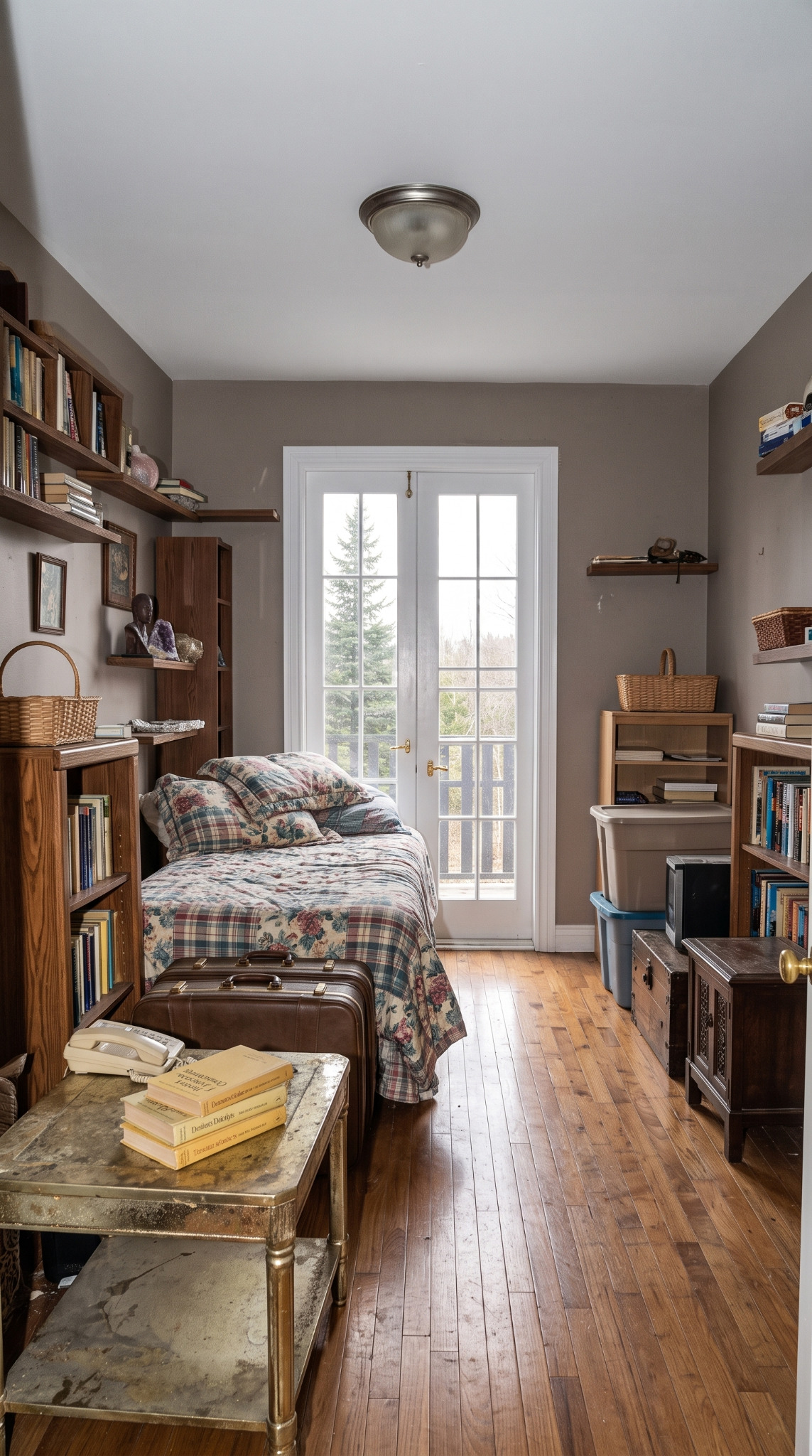 A narrow spare room with a bed, bookshelves and French doors