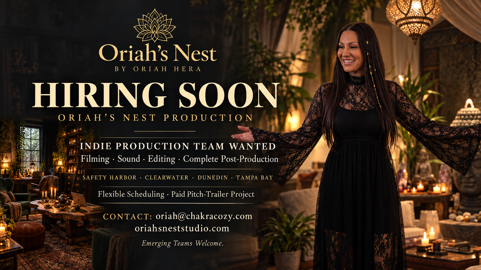 Hiring soon: Oriah’s Nest seeks an indie production team for filming, sound, editing and complete post-production near Safety Harbor, Clearwater, Dunedin and Tampa Bay