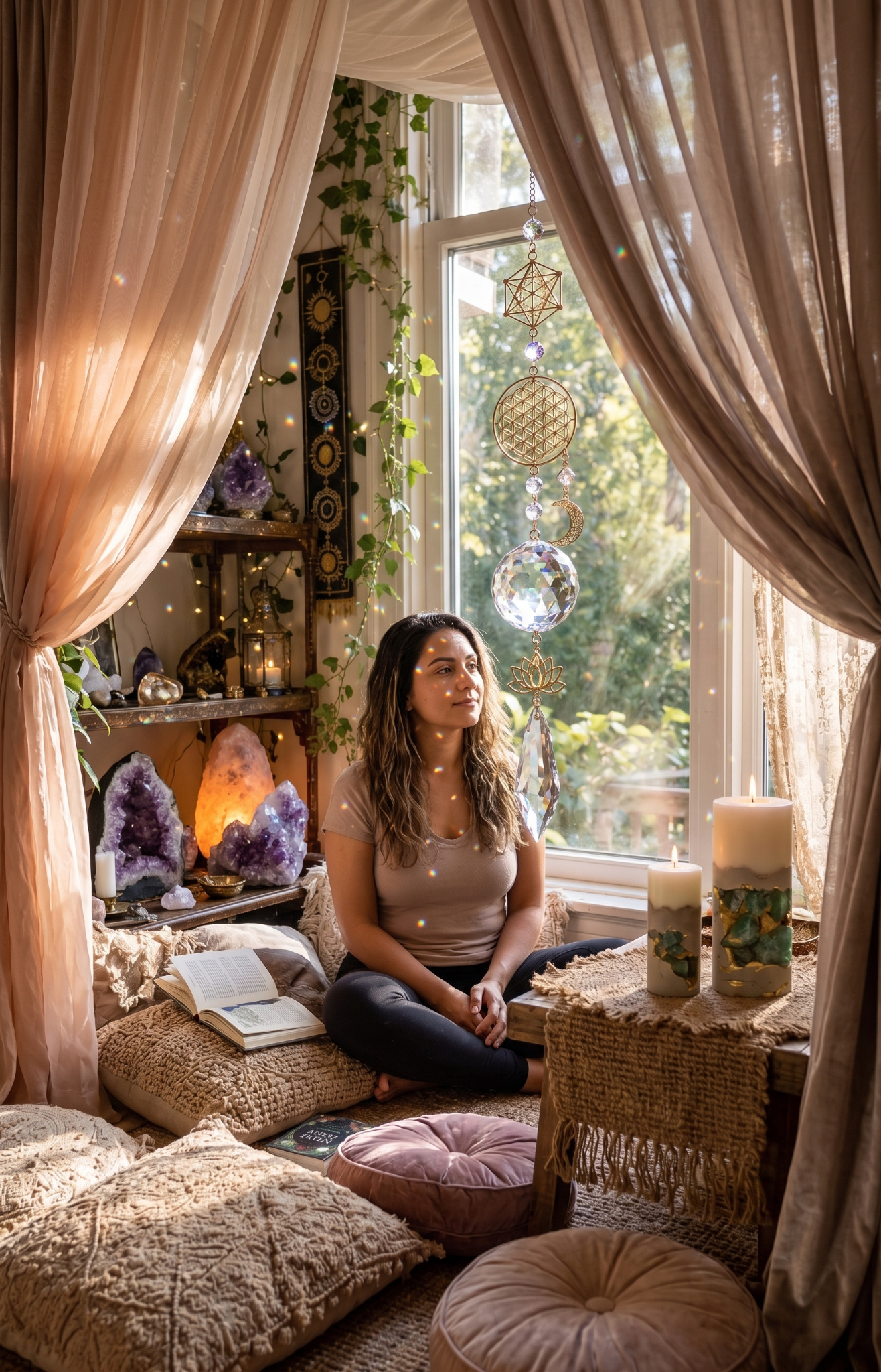 The supplied reading-corner image with a seated woman, sheer drapes, crystals and daylight