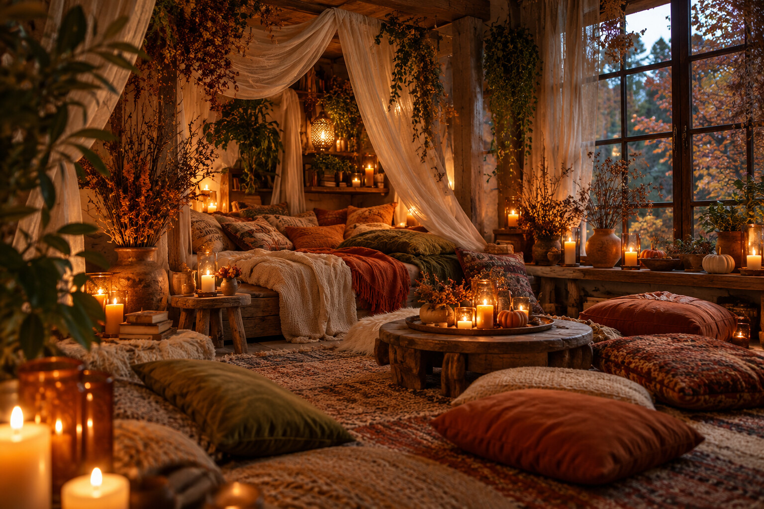 Small autumn sanctuary with tactile layers and uneven amber light