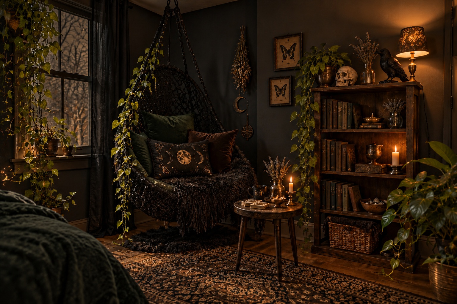 A small, attainable witch sanctuary with a hanging chair, tarot, raven, plants and uneven natural light