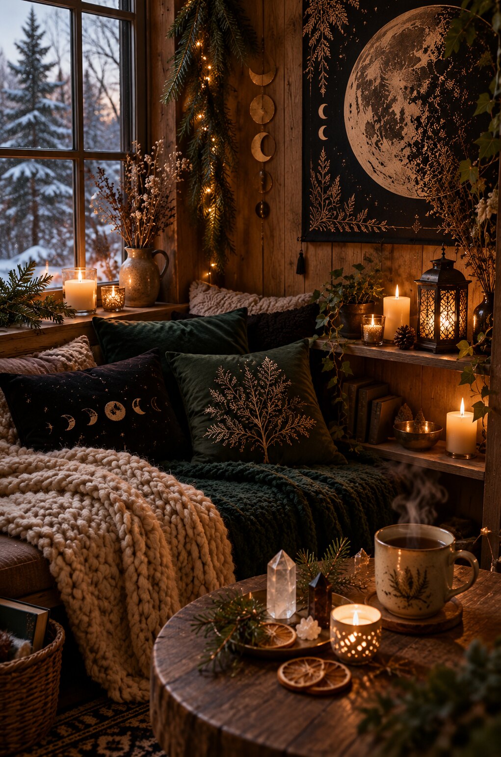 Attainable nesting sanctuary with evergreen velvet, worn wood, moon textiles and uneven candlelight