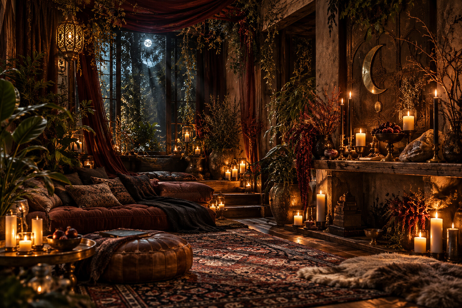 Small October pagan sanctuary with botanical shadow and an intimate ritual shelf
