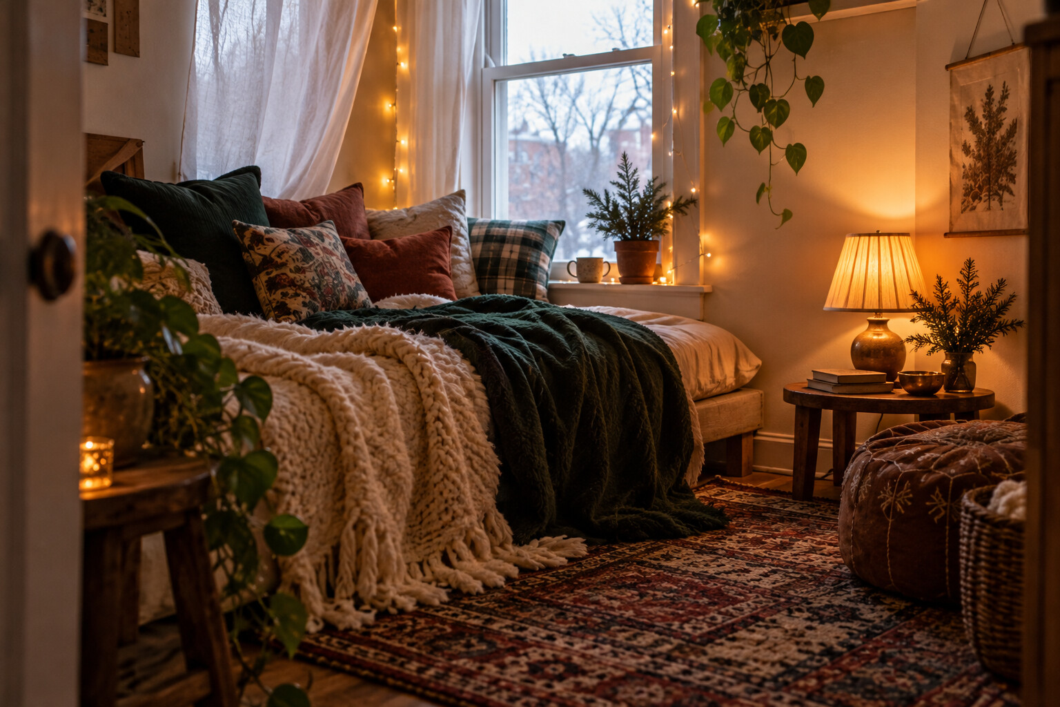 Small winter room with evergreen, deep green textiles and uneven lamplight