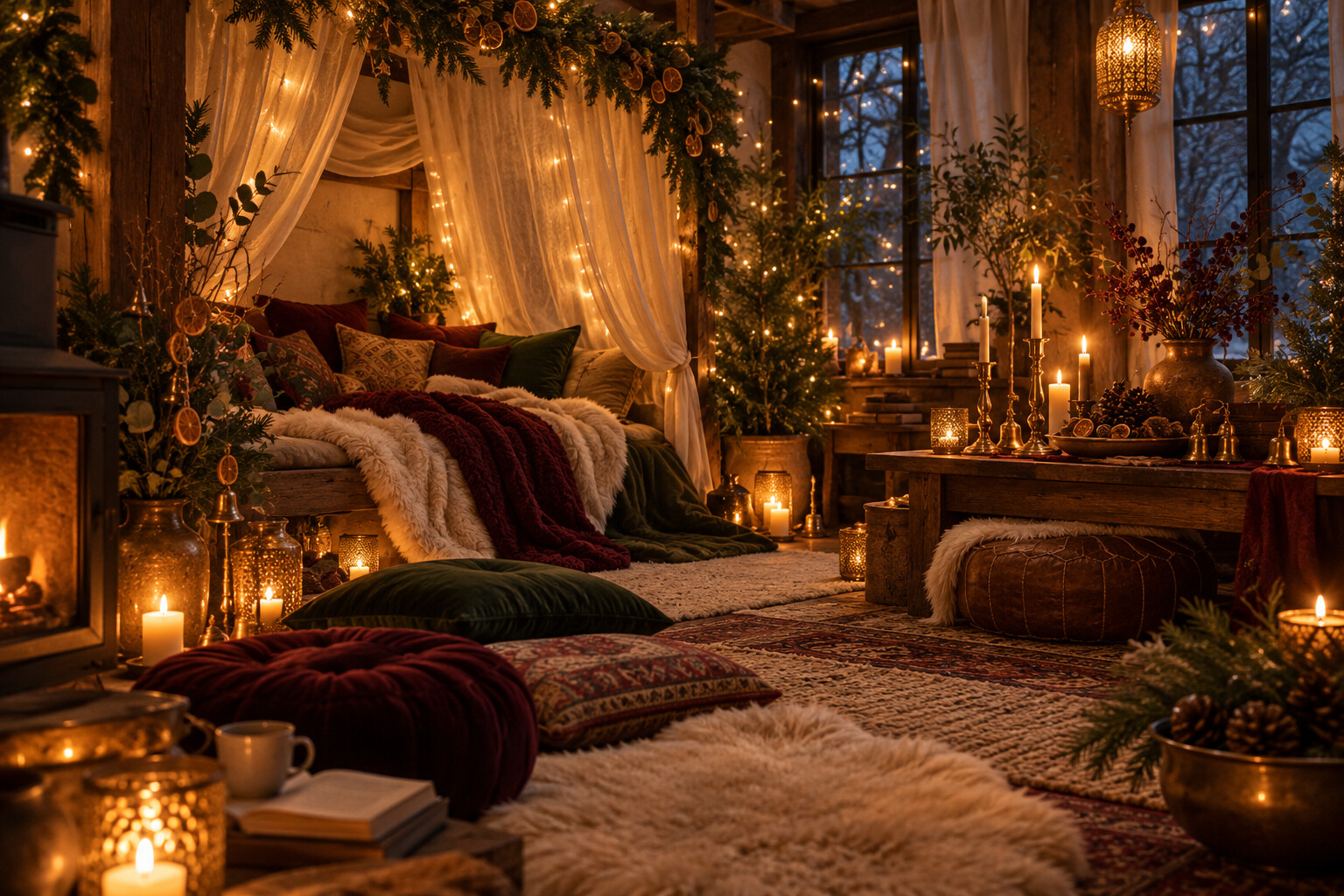 A small, attainable sanctuary layered with candlelight, moon textiles, evergreen and tactile blankets