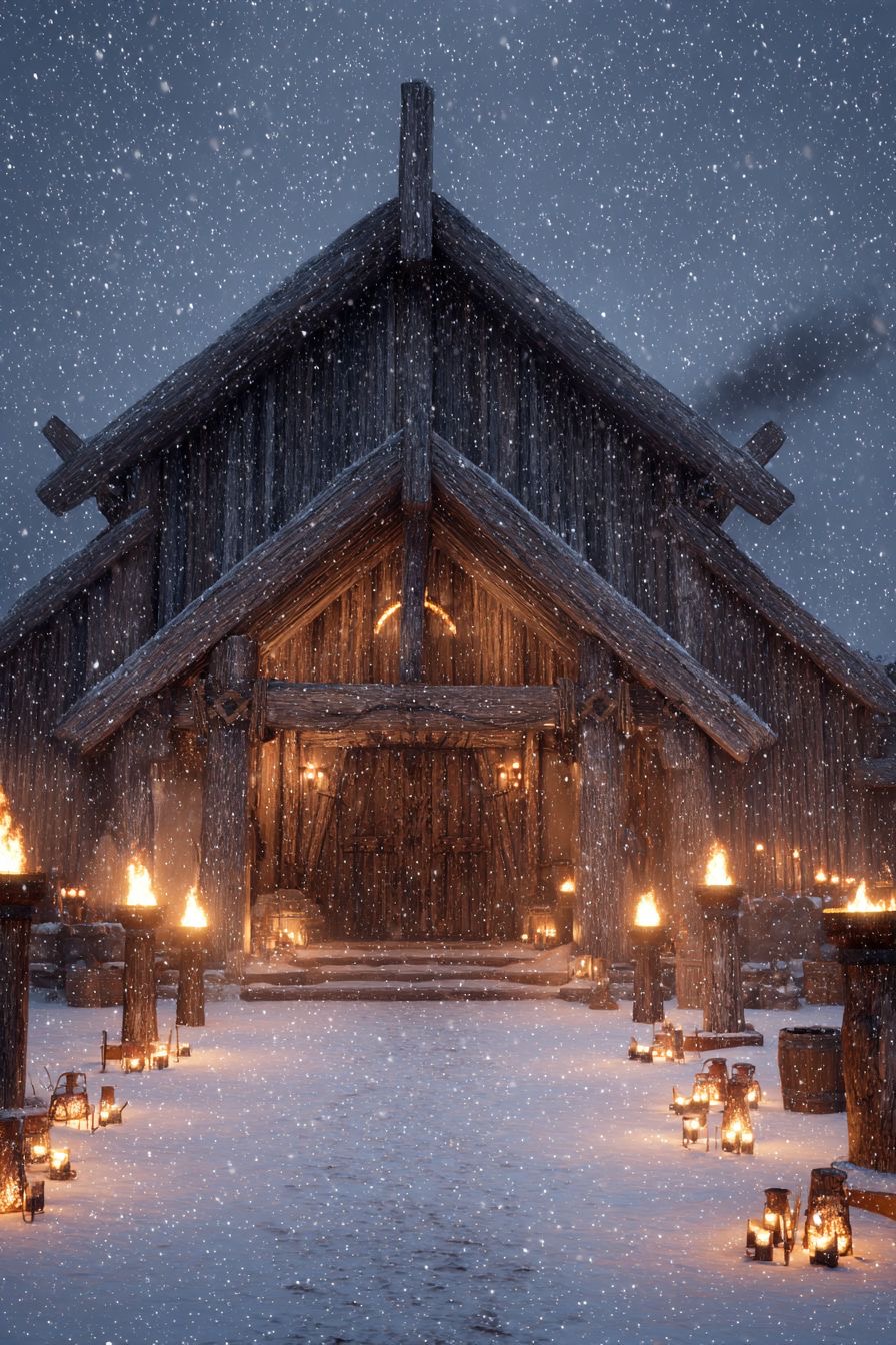 Snow falling around a timber hall lit by torches and lanterns