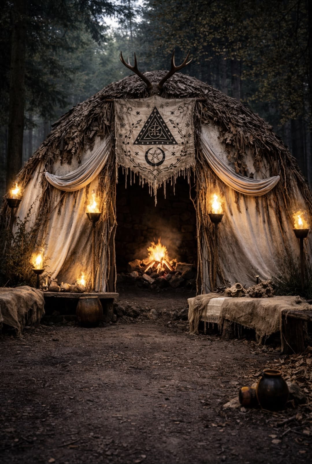 A forest shelter of branches and draped fabric with a warm fire at its center